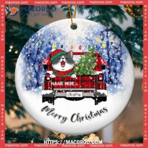 Merry Xmas Red Plaid Truck In Forrest Circle Ceramic Ornament, Cat Christmas Ornaments Personalized