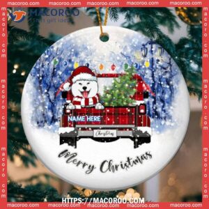 Merry Xmas Red Plaid Truck In Forrest Circle Ceramic Ornament, Custom Dog Ornaments
