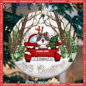 Merry Xmas Red Truck In Snow Forrest Circle Ceramic Ornament, Hallmark Cat Ornaments