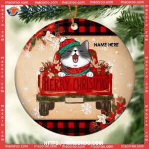 Merry Xmas Red Truck Pale Yellow Circle Ceramic Ornament, Cat Christmas Ornaments Personalized