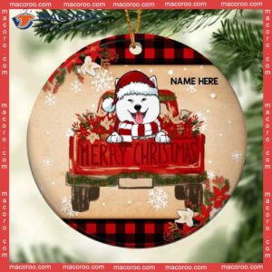 Merry Xmas Red Truck Pale Yellow Circle Ceramic Ornament, Personalized Dog Lovers Decorative Christmas Ornament