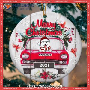 Merry Xmas Red Truck White Wooden Circle Ceramic Ornament, Dog Christmas Ornaments