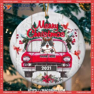 Merry Xmas Red Truck White Wooden Circle Ceramic Ornament, Hallmark Cat Ornaments