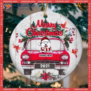 Merry Xmas Red Truck White Wooden Circle Ceramic Ornament, Personalized Dog Lovers Decorative Christmas Ornament
