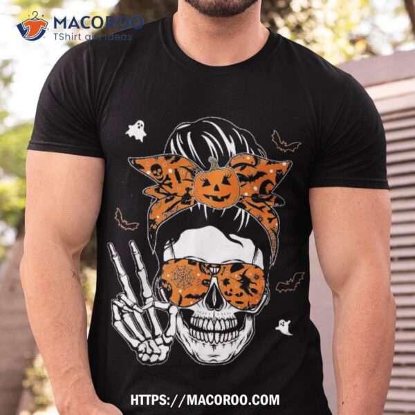 Messy Bun Skull Skeleton Jack O Lantern Halloween Wo Shirt, Best Halloween Gifts For Adults