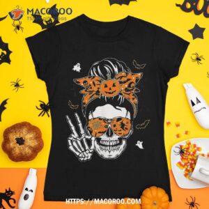 messy bun skull skeleton jack o lantern halloween wo shirt skeleton head tshirt 1