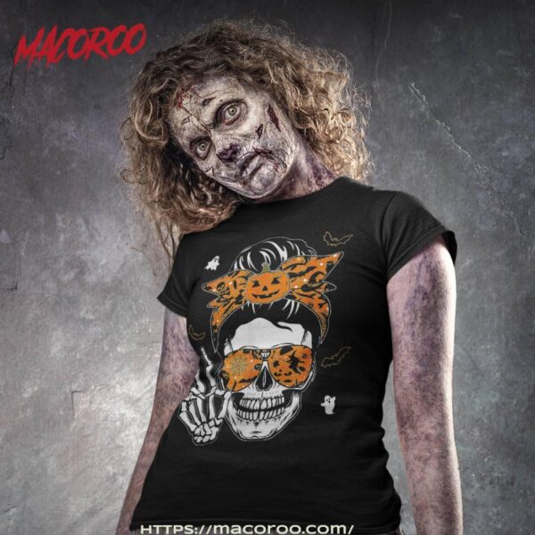 Messy Bun Skull Skeleton Jack O Lantern Halloween Wo Shirt, Skeleton Head