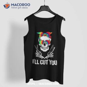 messy bun skull tie dye hairdresser i ll cut you halloween shirt skeleton masks tank top