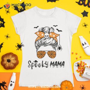 Messy Bun Spooky Mama Mom Funny Halloween Costume Skull Shirt, Skull Pumpkin