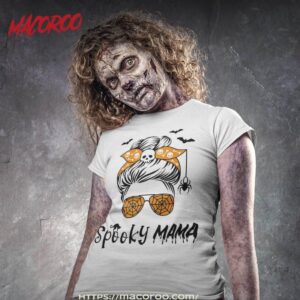 messy bun spooky mama mom funny halloween costume skull shirt skull pumpkin tshirt