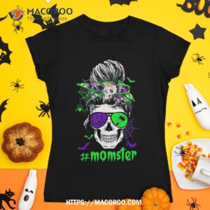 Momster Costume Halloween Skull Mom Messy Hair Bun Monster Shirt, Skeleton Masks