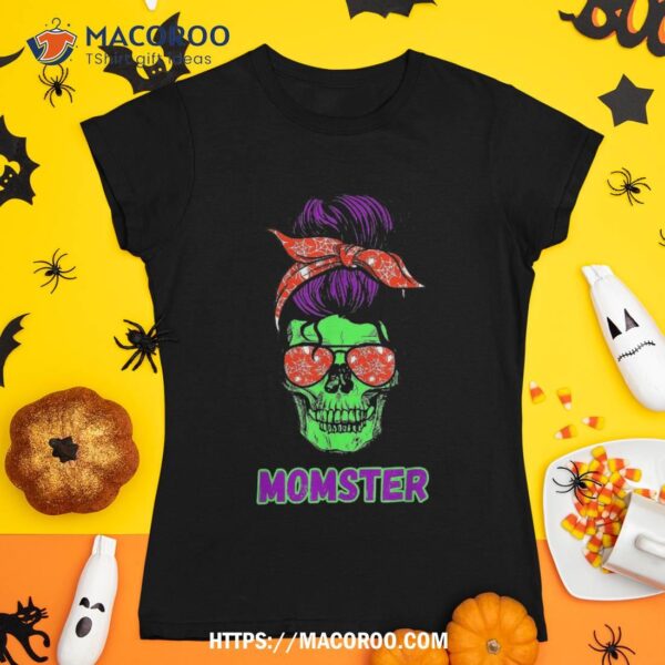 Momster Funny Skull Mama Messy Bun Mom Halloween Costume Shirt, Skull Pumpkin