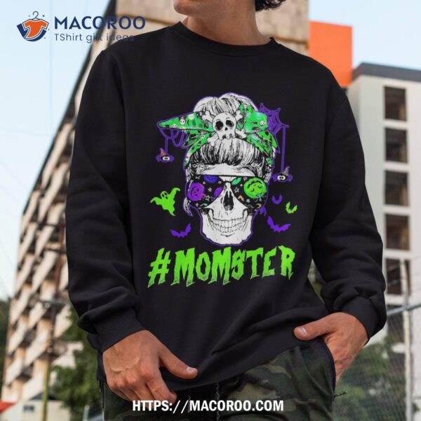 Momster Halloween Costume Skull Mom Messy Hair Bun Monster Shirt, Skeleton Head