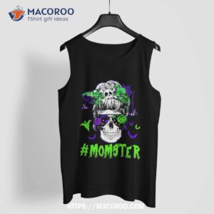 momster halloween costume skull mom messy hair bun monster shirt skeleton head tank top 1