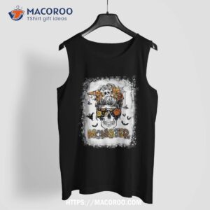 momster halloween costume skull mom messy hair bun monster shirt skeleton head tank top