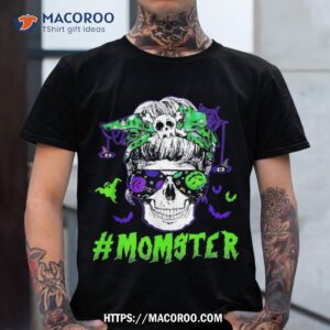 momster halloween costume skull mom messy hair bun monster shirt skeleton head tshirt 1