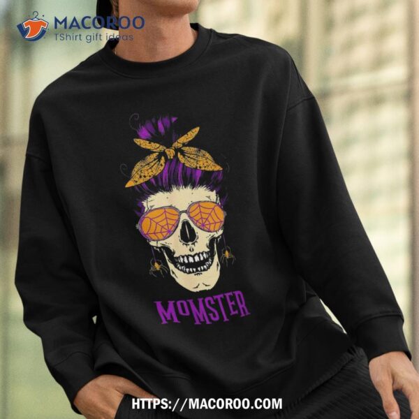 Momster Tshirt Messy Bun Skull Halloween Mom Shirt, Sugar Skull Pumpkin