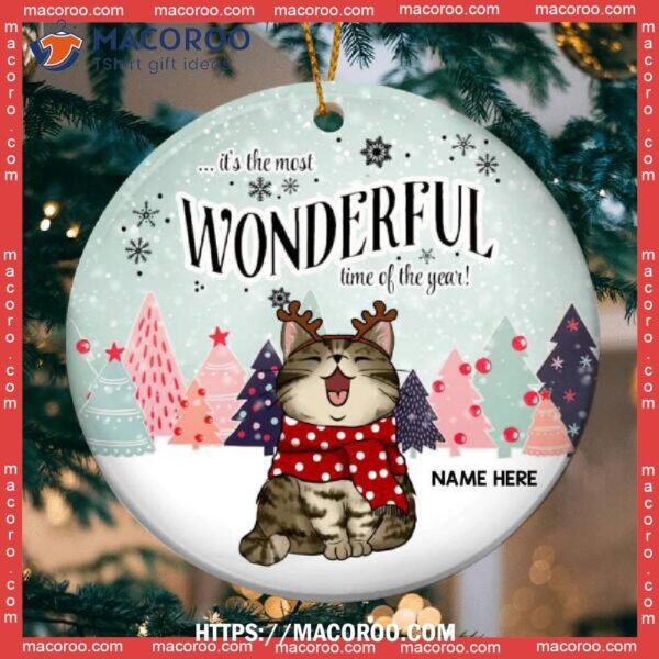Most Wonderful Time Of The Year Mint Sky Circle Ceramic Ornament, Cat Ornaments For Christmas Tree
