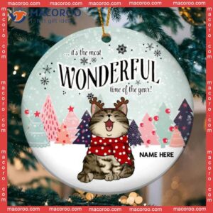Most Wonderful Time Of The Year Mint Sky Circle Ceramic Ornament, Personalized Cat Lovers Decorative Christmas Ornament