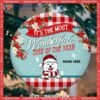 Most Wonderful Time Of The Year Red Plaid Circle Ceramic Ornament, Pug Ornament