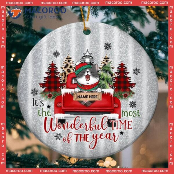 Most Wonderful Time Of The Year Silver Circle Ceramic Ornament, Personalized Cat Lovers Decorative Christmas Ornament