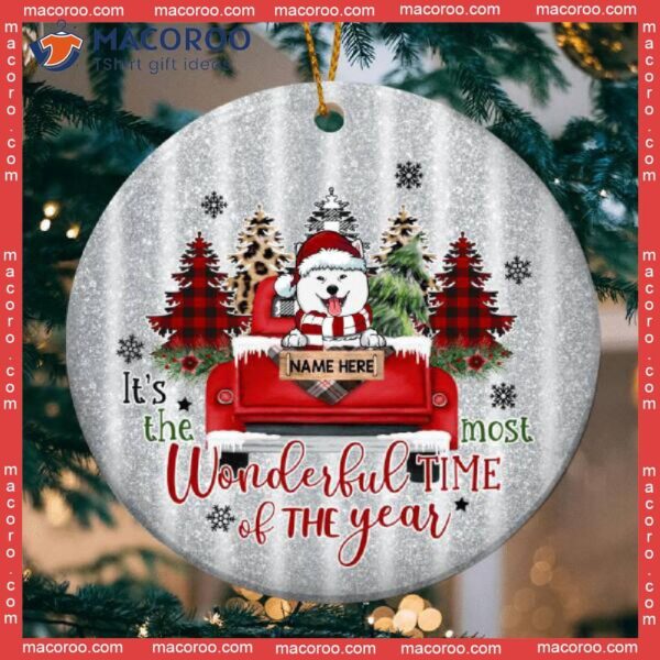 Most Wonderful Time Of The Year Silver Circle Ceramic Ornament, Personalized Dog Lovers Decorative Christmas Ornament