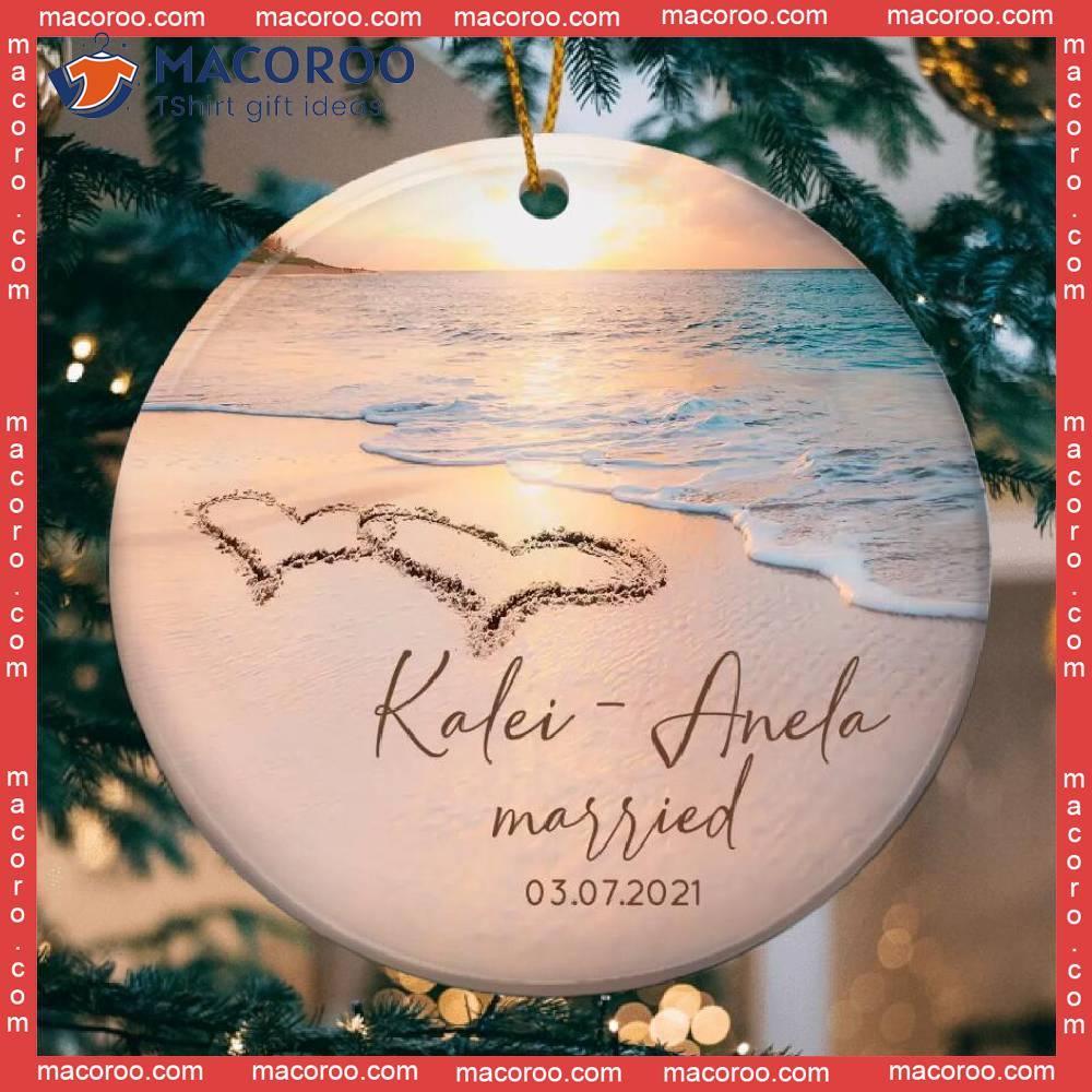 Newlywed Gift,custom Married Christmas Ornament, Personalized Wedding Gift For Couple, Sandy Beach Bride And Groom