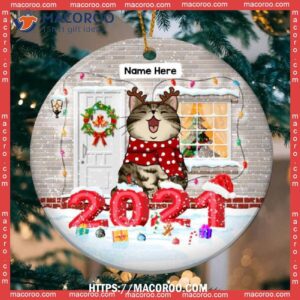 Numeral Year Decorated With Xmas Snow Circle Ceramic Ornament, Personalized Cat Ornaments