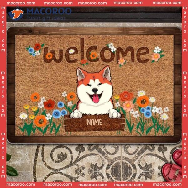 Outdoor Door Mat, Gifts For Dog Lovers, Dogs With Flowers Personalized Doormat