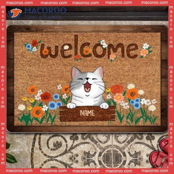 Outdoor Door Mat, Gifts For Dog Lovers, Welcome Dogs With Flowers Personalized Doormat