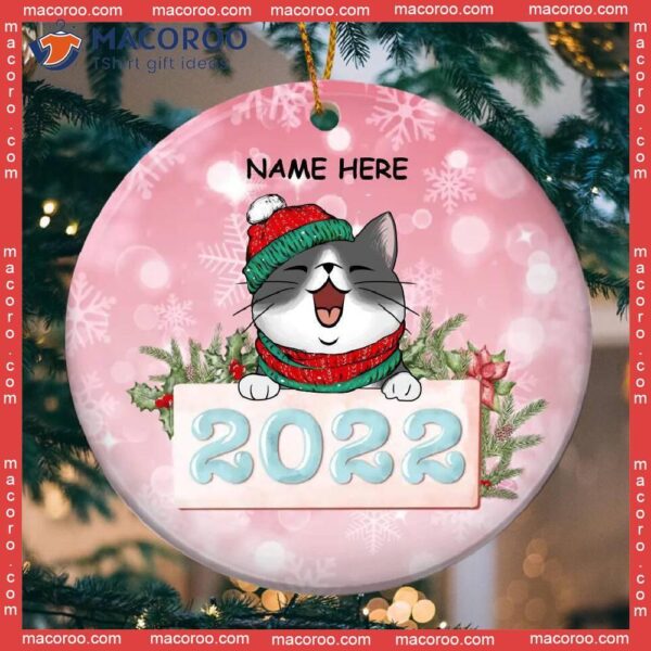 Personalised 2022 Pink Sparkles Circle Ceramic Ornament, Personalized Cat Lovers Decorative Christmas Ornament