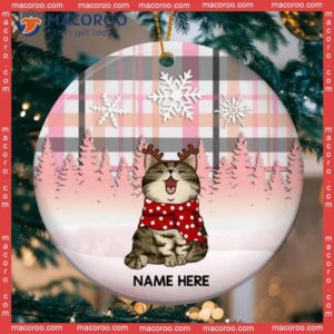 Personalised Cat In Snow Pink Plaid Circle Ceramic Ornament, Personalized Lovers Decorative Christmas Ornament