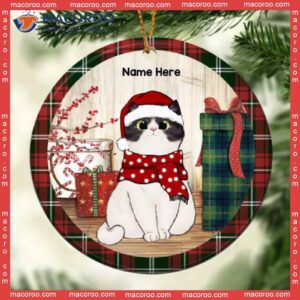 Personalised Cute Cat Red Plaid Around Circle Ceramic Ornament, Personalized Lovers Decorative Christmas Ornament