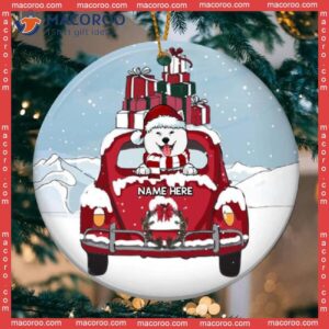 Personalised Dog On Red Truck Snowy Circle Ceramic Ornament, Personalized Lovers Decorative Christmas Ornament