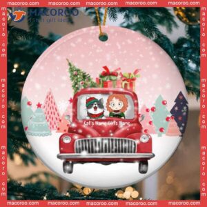 Personalised Girl & Cat On Red Truck Circle Ceramic Ornament, Personalized Lovers Decorative Christmas Ornament