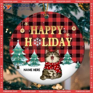 Personalised Happy Holiday Red Plaid Circle Ceramic Ornament, Personalized Cat Lovers Decorative Christmas Ornament