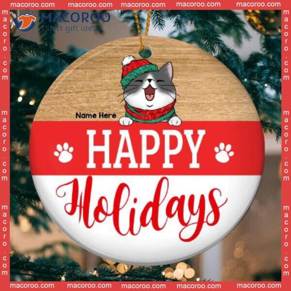 Personalised Happy Holiday Red White Circle Ceramic Ornament, Personalized Cat Lovers Decorative Christmas Ornament