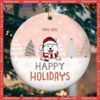Personalised Happy Holidays Pastel Pink Circle Ceramic Ornament, Personalized Dog Lovers Decorative Christmas Ornament