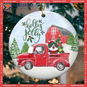 Personalised Holly Jolly Red Truck Circle Ceramic Ornament, Personalized Cat Lovers Decorative Christmas Ornament