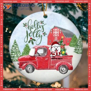 Personalised Holly Jolly Red Truck Circle Ceramic Ornament, Personalized Dog Lovers Decorative Christmas Ornament