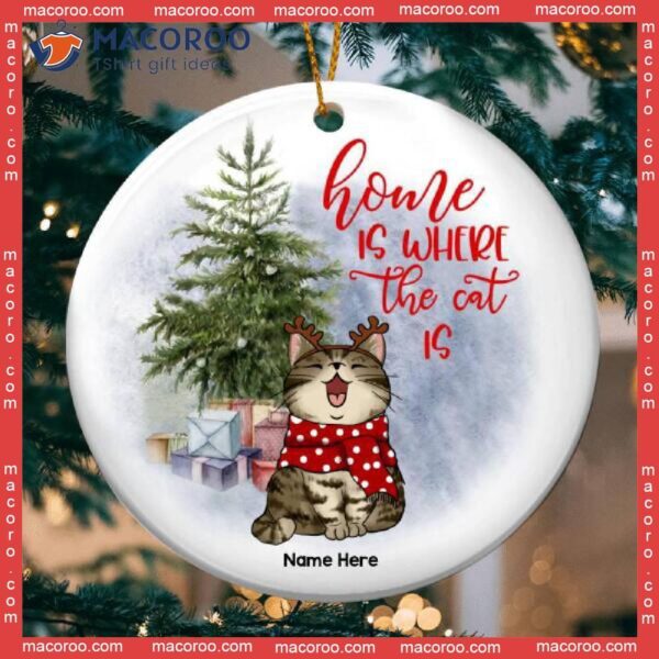 Personalised Home Is Where The Cats Are Circle Ceramic Ornament, Personalized Cat Lovers Decorative Christmas Ornament