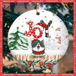 Personalised Joy Xmas Pattern Word-art Circle Ceramic Ornament, Personalized Cat Lovers Decorative Christmas Ornament