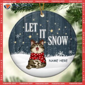 Personalised Let It Snow Golden Stars Circle Ceramic Ornament, Personalized Cat Lovers Decorative Christmas Ornament