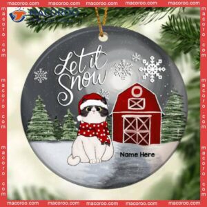 Personalised Let It Snow Red Barn Circle Ceramic Ornament, Personalized Cat Lovers Decorative Christmas Ornament