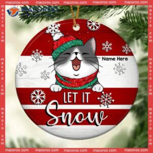 Personalised Let It Snow Red & White Circle Ceramic Ornament, Personalized Cat Lovers Decorative Christmas Ornament