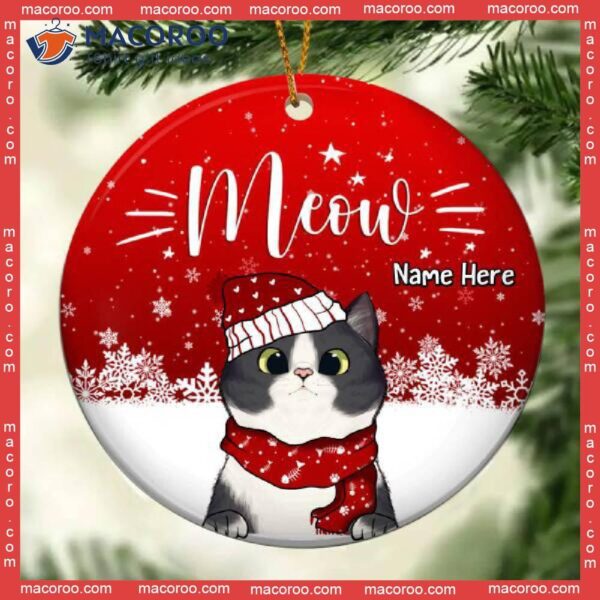 Personalised Meow Xmas Winter Cats Red Circle Ceramic Ornament, Personalized Cat Lovers Decorative Christmas Ornament