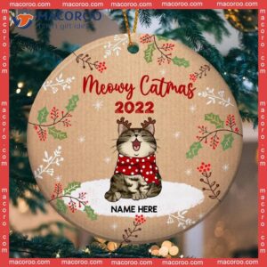 Personalised Meowy Catmas 2022 Brown Circle Ceramic Ornament, Personalized Cat Lovers Decorative Christmas Ornament