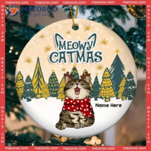 Personalised Meowy Catmas Beige Yellow Circle Ceramic Ornament, Personalized Cat Lovers Decorative Christmas Ornament