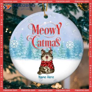 Personalised Meowy Catmas Bluetone Ver 2 Circle Ceramic Ornament, Personalized Cat Lovers Decorative Christmas Ornament