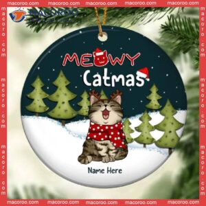 Personalised Meowy Catmas Dark Green Circle Ceramic Ornament, Personalized Cat Lovers Decorative Christmas Ornament